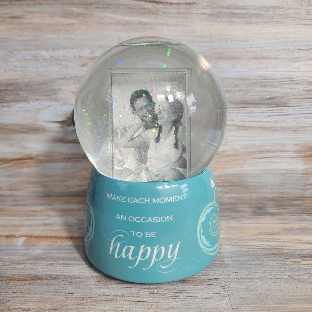 SRG Musical Photo Snow Globe Teal Ceramic Base Happy Sentiment Glitter Decor
